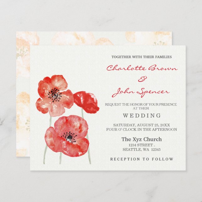 Budget Moderne Red Poppy Floral invitations de mar (Devant / Derrière)