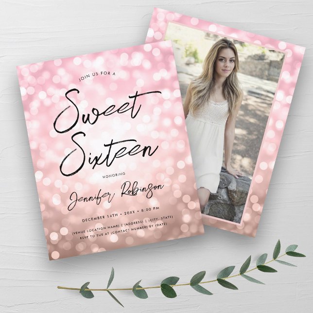Budget Moderne Rose Gold Photo Sweet 16 Invitation (Budget Modern Rose Gold Photo Sweet 16 Invite)