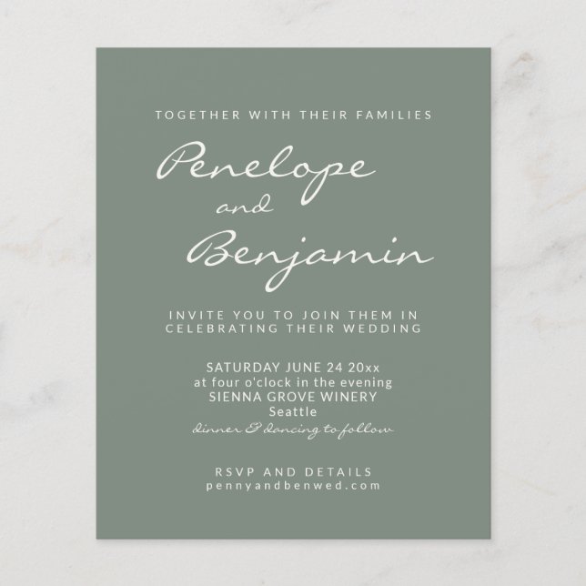 Budget Moderne Sage Green Script Mariage Invitatio (Devant)