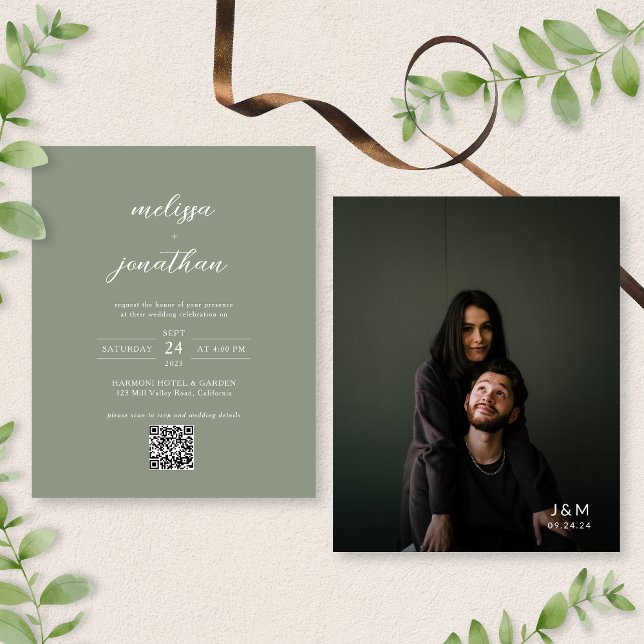 BUDGET Moderne Sage Vert Photo QR Code Mariage (Créateur téléchargé)