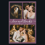 Budget Moderne Script Mariage photo Carte de remer<br><div class="desc">Budget, Moderne, Élégant, Écrite À La Main 3 Photo Collage Mauve Mariage Carte de remerciements. Modèle minimaliste mariage avec trois (3) photos à l'avant et (1) une photo à l'arrière. Avec le texte "Amour et merci" script dans une courbe calligraphie lettrée à la main police swash-tail en couleur blanche sur...</div>