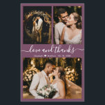 Budget Moderne Script Mariage photo Carte de remer<br><div class="desc">Budget, Moderne, Élégant, Écrite À La Main 3 Photo Collage Mauve Mariage Carte de remerciements. Modèle minimaliste mariage avec trois (3) photos à l'avant et (1) une photo à l'arrière. Avec le texte "Amour et merci" script dans une courbe calligraphie lettrée à la main police swash-tail en couleur blanche sur...</div>