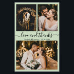 Budget Moderne Script Mariage photo Carte de remer<br><div class="desc">Budget, Moderne, Élégant, Écrit à la main 3 Photo Collage Mariage Carte de remerciements. Modèle minimaliste mariage avec trois (3) photos à l'avant et (1) une photo à l'arrière. Avec le texte "Amour et merci" script dans une courbe calligraphie lettrée en noir sur vert sauge, ou arrière - plan couleur...</div>