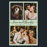 Budget Moderne Script Mariage photo Carte de remer<br><div class="desc">Budget, Moderne, Élégant, Écrit à la main 3 Photo Collage Mariage Carte de remerciements. Modèle minimaliste mariage avec trois (3) photos à l'avant et (1) une photo à l'arrière. Avec le texte "Amour et merci" script dans une courbe calligraphie lettrée en noir sur vert sauge, ou arrière - plan couleur...</div>