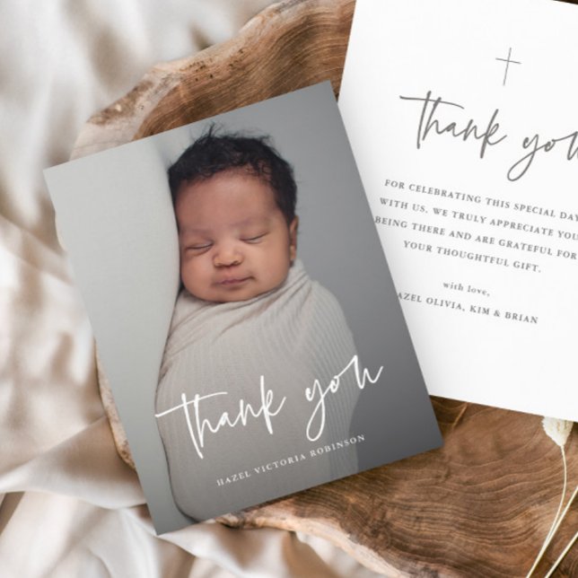 Budget Moderne Script Photo Baptême Merci (Simple modern script baby photo baptism thank you card.)