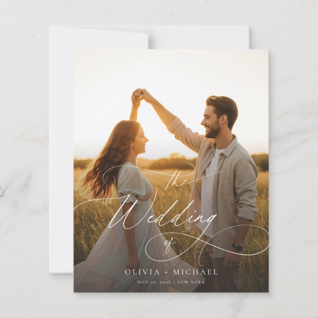 Budget Moderne Script Sunset Photo Wedding Invite (Devant)