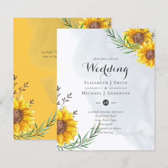 BUDGET Moderne Tournesol Jaune Mariage Invitation (Devant / Derrière)