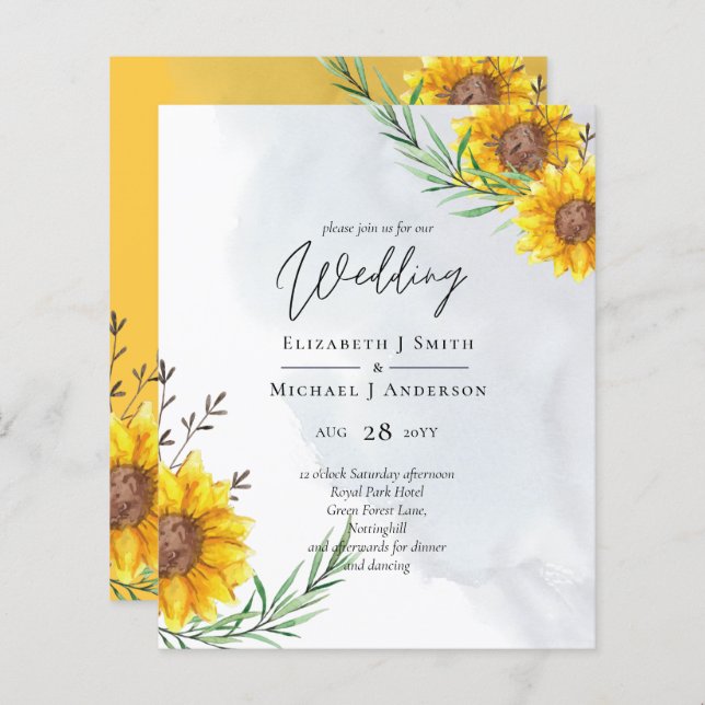 BUDGET Moderne Tournesol Jaune Mariage Invitation (Devant / Derrière)