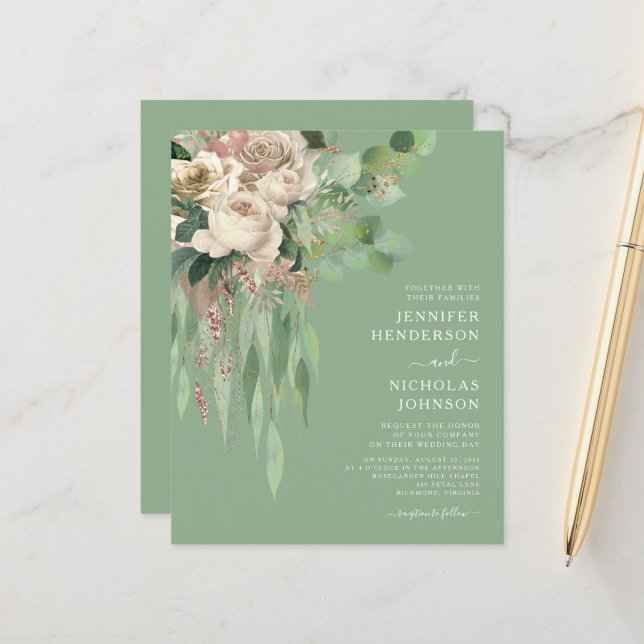 Budget Moderne Vert Floral Roses Mariage Invitatia (Devant/Arrière en situation)