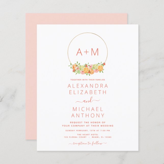 Budget Monogram Blush Pink Citrus Floral Mariage (Devant / Derrière)