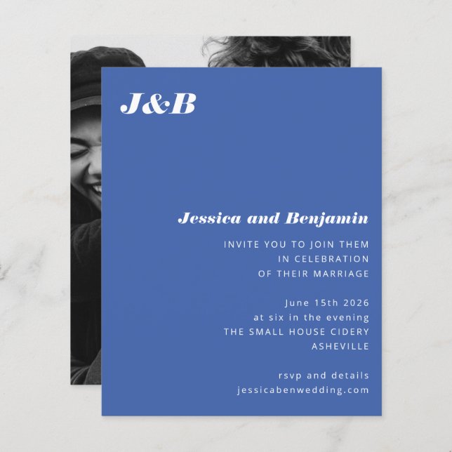 Budget Monogramme Blue Photo Faire-part de mariage (Devant / Derrière)