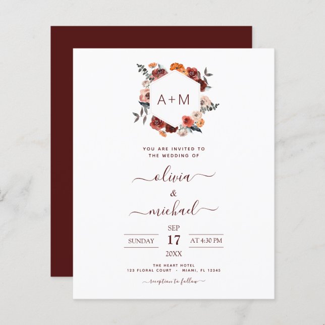 Budget Monogramme Bourgogne Mariage floral (Devant / Derrière)