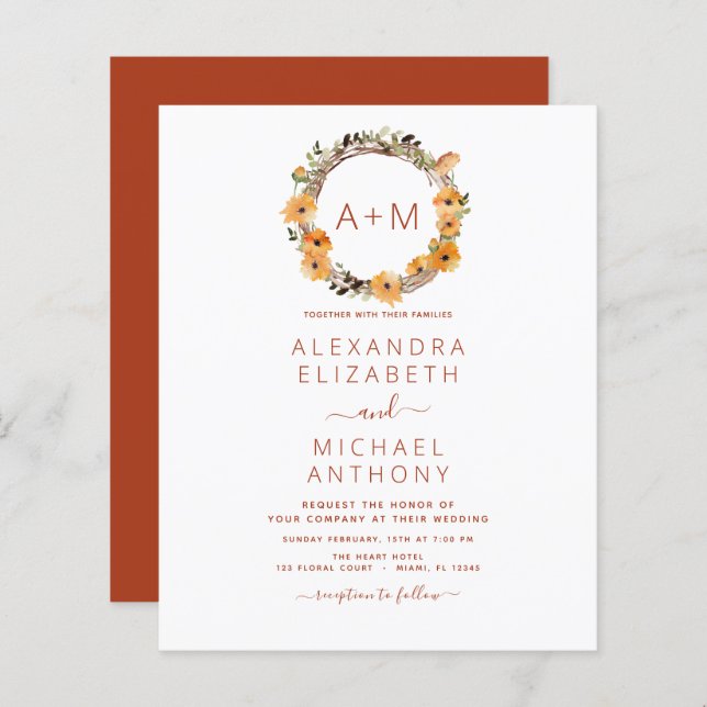 Budget Monogramme Burange Orange Floral Mariage (Devant / Derrière)