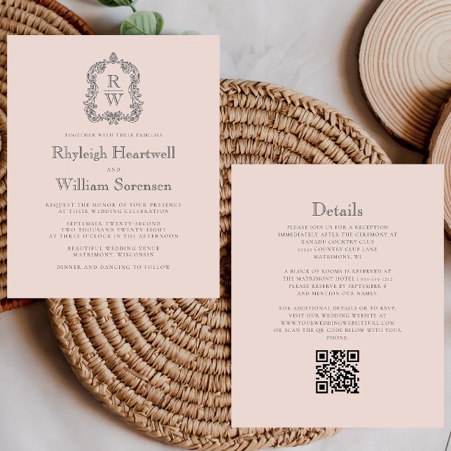Budget Monogramme Crest Blush QR Code Mariage Invi (Créateur téléchargé)