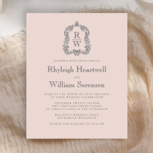 Budget Monogramme Crest Blush Rose Wedding Invitat