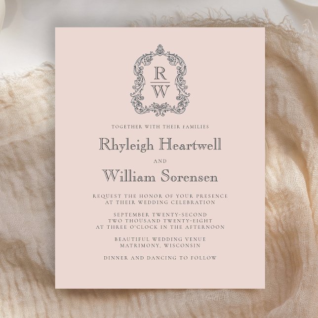 Budget Monogramme Crest Blush Rose Wedding Invitat (Créateur téléchargé)
