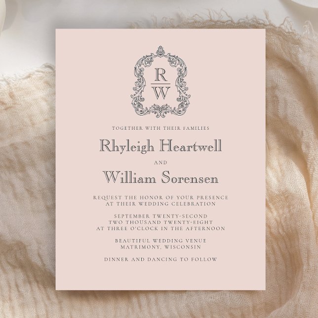 Budget Monogramme Crest Blush Rose Wedding Invitat (Créateur téléchargé)