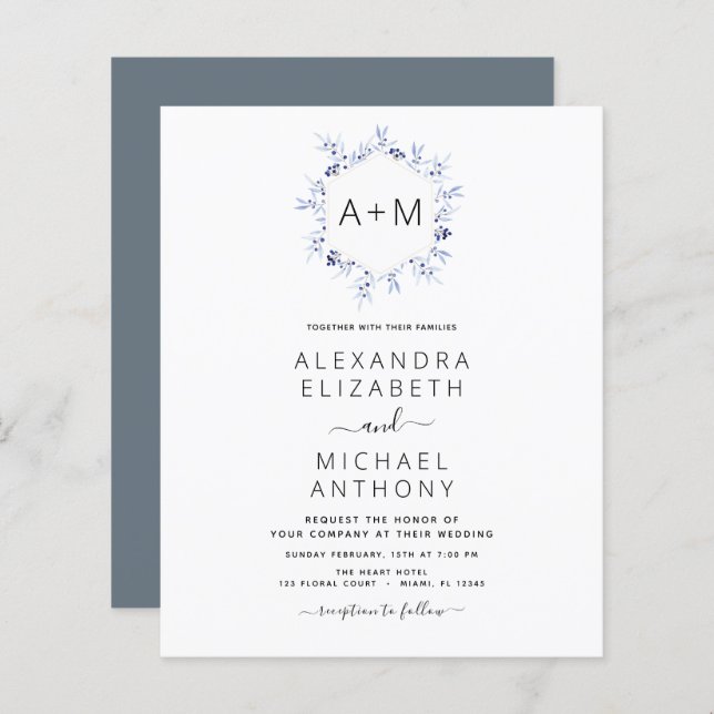 Budget Monogramme Dusty Blue Floral Mariage (Devant / Derrière)