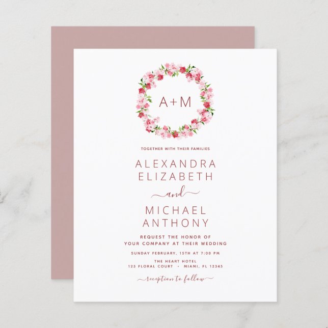 Budget Monogramme Floral Dusty Rose rose Mariage (Devant / Derrière)