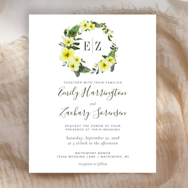 Budget Monogramme Jaune Mariage Floral Invitation (Créateur téléchargé)