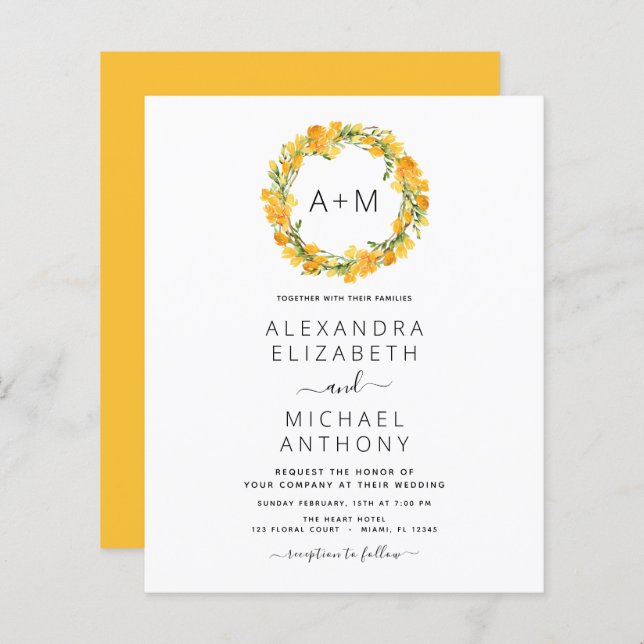 Budget Monogramme Jaune Orange Mariage Floral (Devant / Derrière)