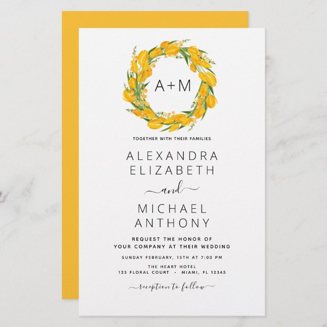 Budget Monogramme Jaune Orange Mariage Floral (Devant / Derrière)