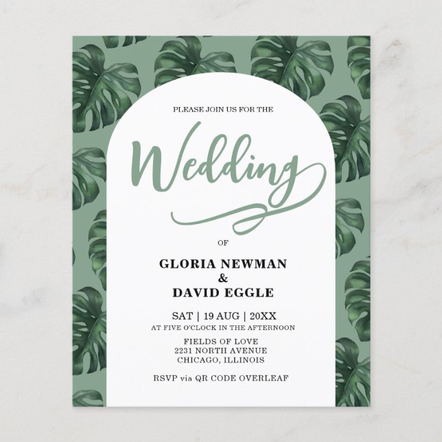 Budget Monstera Leaves Wedding QR Code Invitation (Devant)