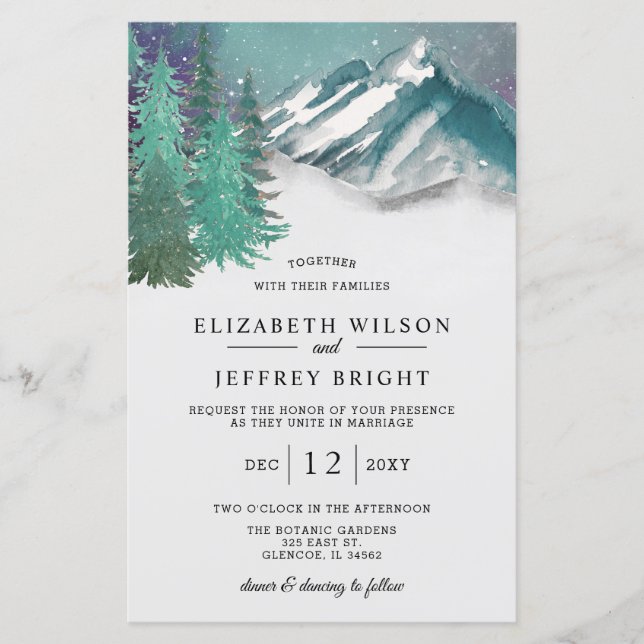 Budget Montagnes Pine Hiver Mariage Invitation (Devant)