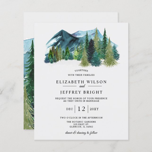 Budget Montagnes Pine Hiver Mariage Invitation (Devant / Derrière)