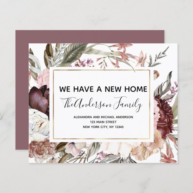 Budget Moving Faire-part Boho Mauve Floral (Devant / Derrière)