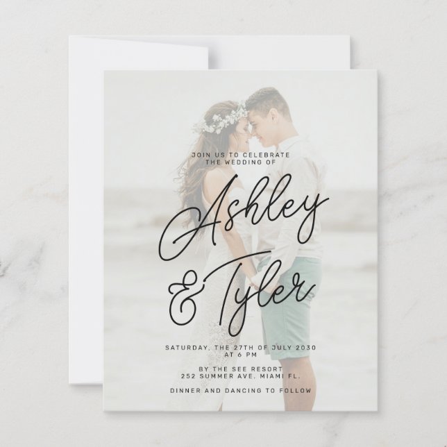 Budget names script overlay photo wedding invite (Devant)