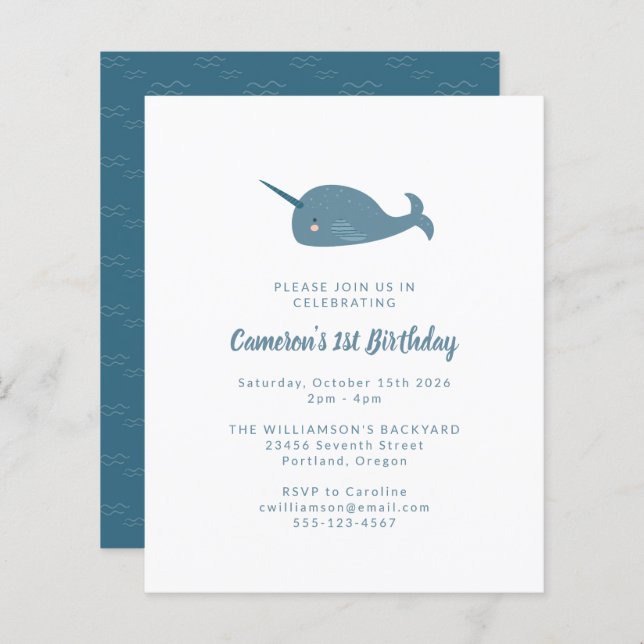 Budget Narwhal Ocean Blue 1er Anniversaire Invitat (Devant / Derrière)