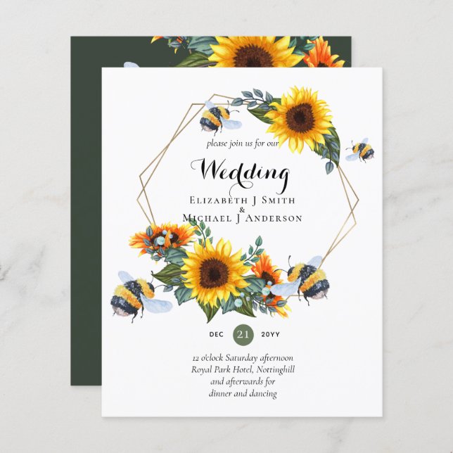 BUDGET Nature Boho Bees Sunflowers Mariage INVITE (Devant / Derrière)