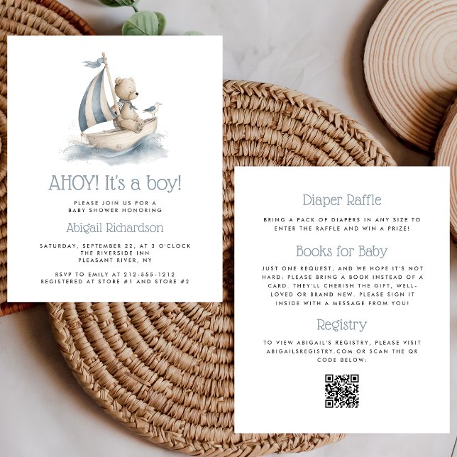 Budget Nautical Teddy Bear QR Code Boy Baby Shower (Créateur téléchargé)