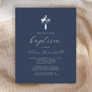 Budget Navy Bleu Floral Argent Croix Garçons Baptê