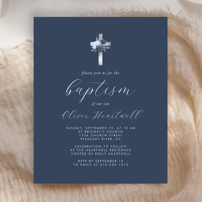Budget Navy Bleu Floral Argent Croix Garçons Baptê (Créateur téléchargé)