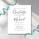 Budget Navy Blue Chic Script Faire-part de mariage<br><div class="desc">Doté de noms de style signature,  cet élégant faire-part de mariage bleu marine et blanc budget peut être personnalisé avec vos informations en lettres chic. Conçu par Thisisnotme©</div>
