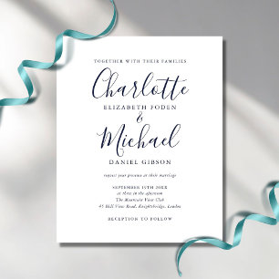 Budget Navy Blue Chic Script Faire-part de mariage