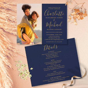 Budget Navy Blue Gold Photo Mariage Détails Invita