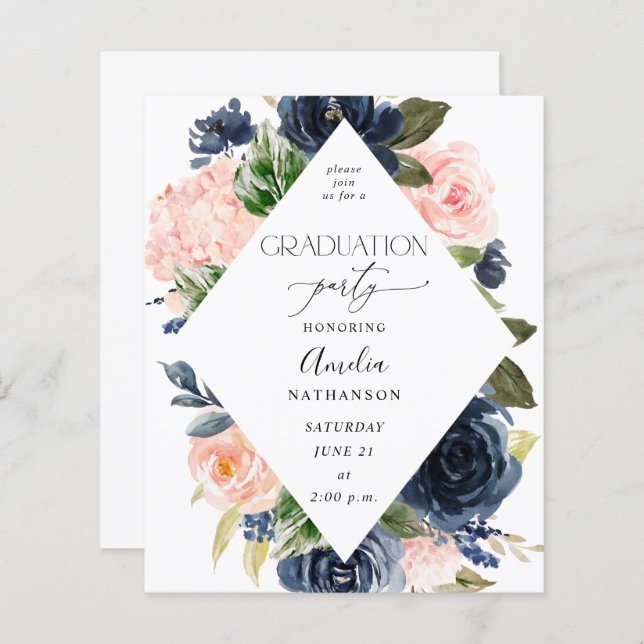 Budget Navy Blue & Pink Floral Graduation Party (Devant / Derrière)