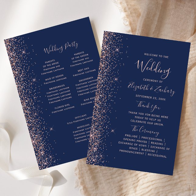 Budget Navy Blue Rose Gold Glitter Wedding Program (Créateur téléchargé)