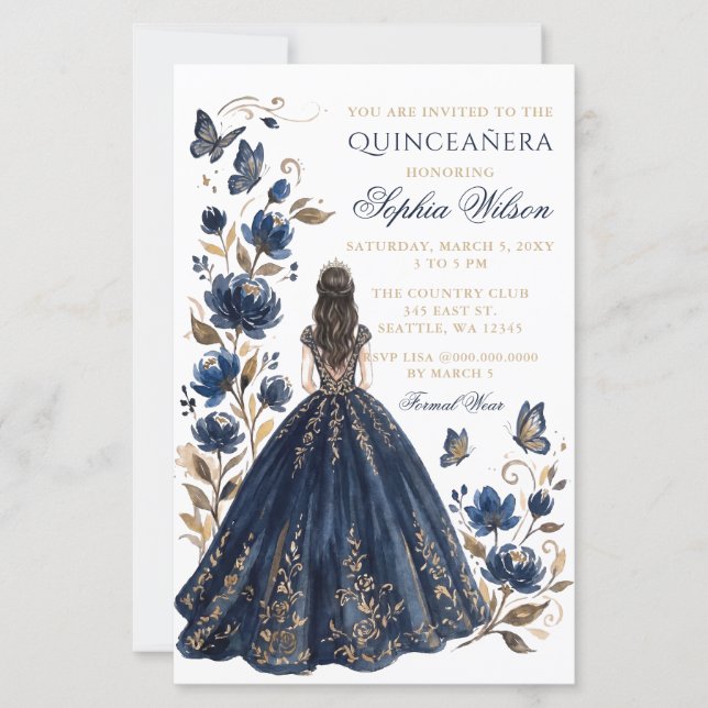Budget Navy Fleurs Princesse Papillon Quinceañera (Devant)
