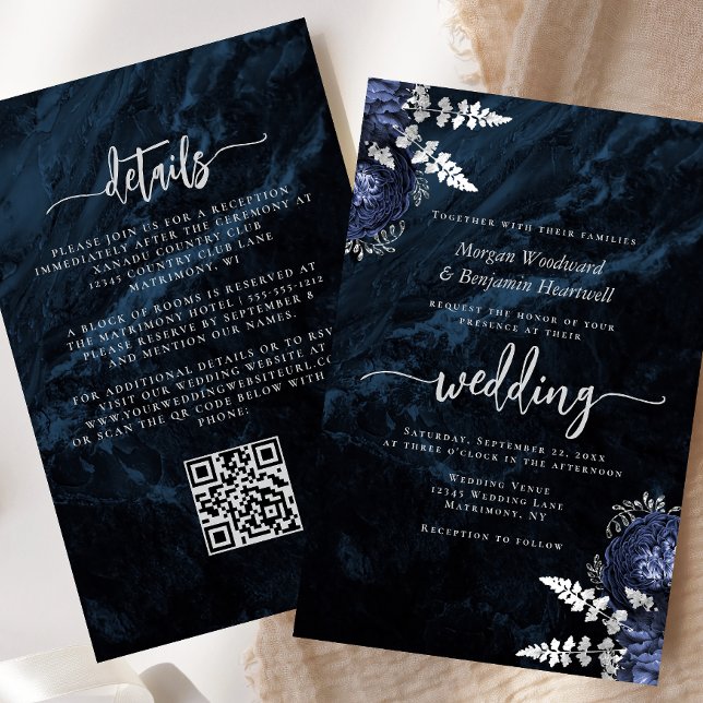 Budget Navy Silver Floral QR Code Wedding Invite (Créateur téléchargé)