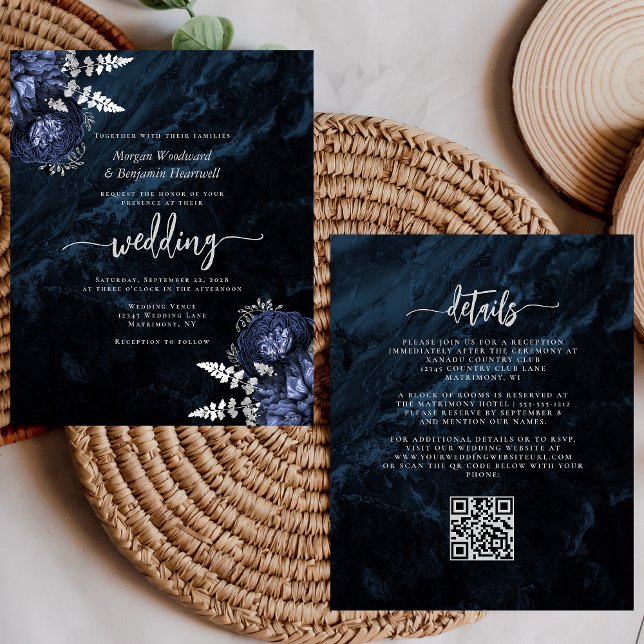 Budget Navy Silver Floral QR Code Wedding Invite (Créateur téléchargé)