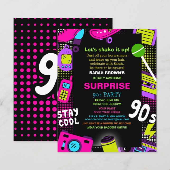 Budget Neon Retro 90s Anniversaire Invitation de f (Devant / Derrière)
