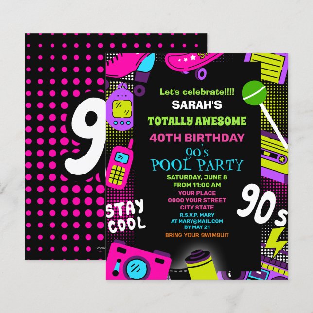 Budget Neon Retro 90's Anniversaire Pool Invitatio (Devant / Derrière)