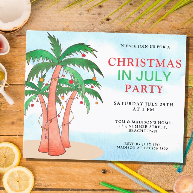 Budget Noël En Juillet Parti Palm Trees Invitation (Créateur téléchargé)