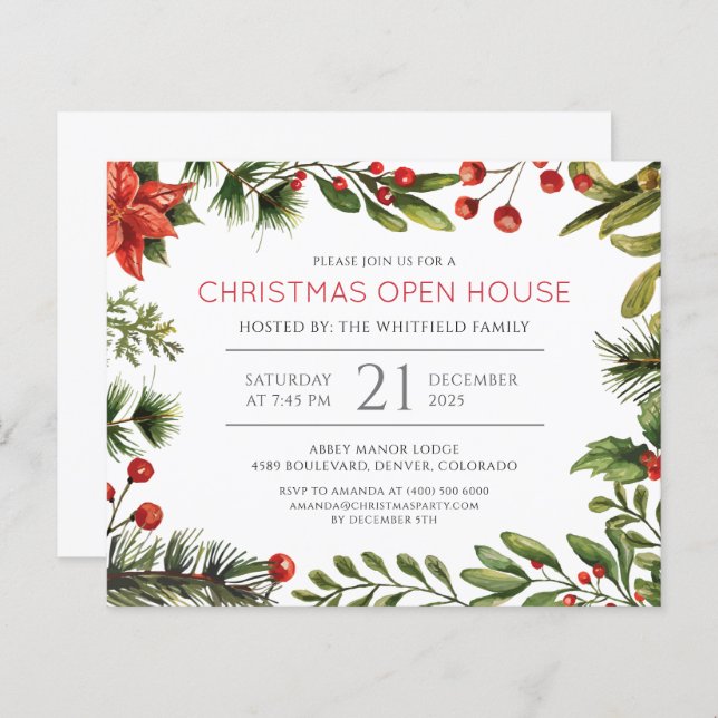 Budget Noël Holiday Open House Invitation (Devant / Derrière)