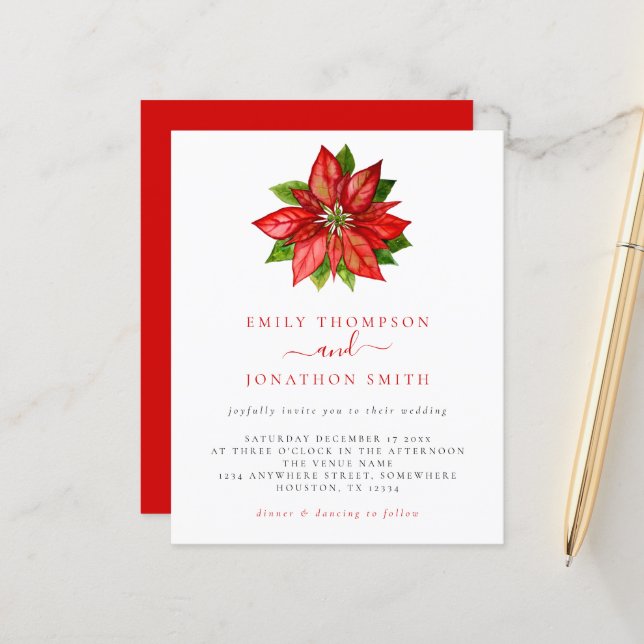 Budget Noël Mariage Red Poinsettia Invitation (Devant/Arrière en situation)