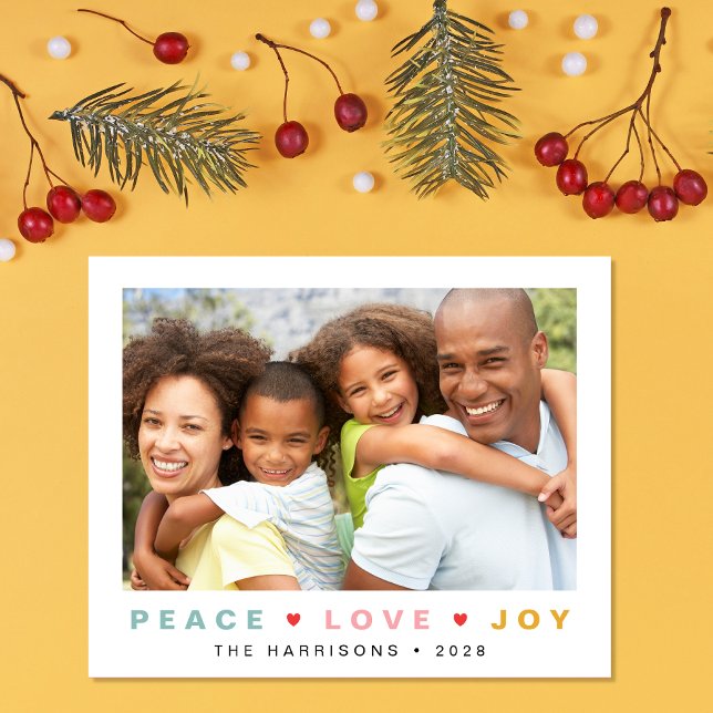 Budget Noël Paix Amour Joie 3 Carte photo (Share the love and warmth of the holiday season with this personalized photo Christmas card)